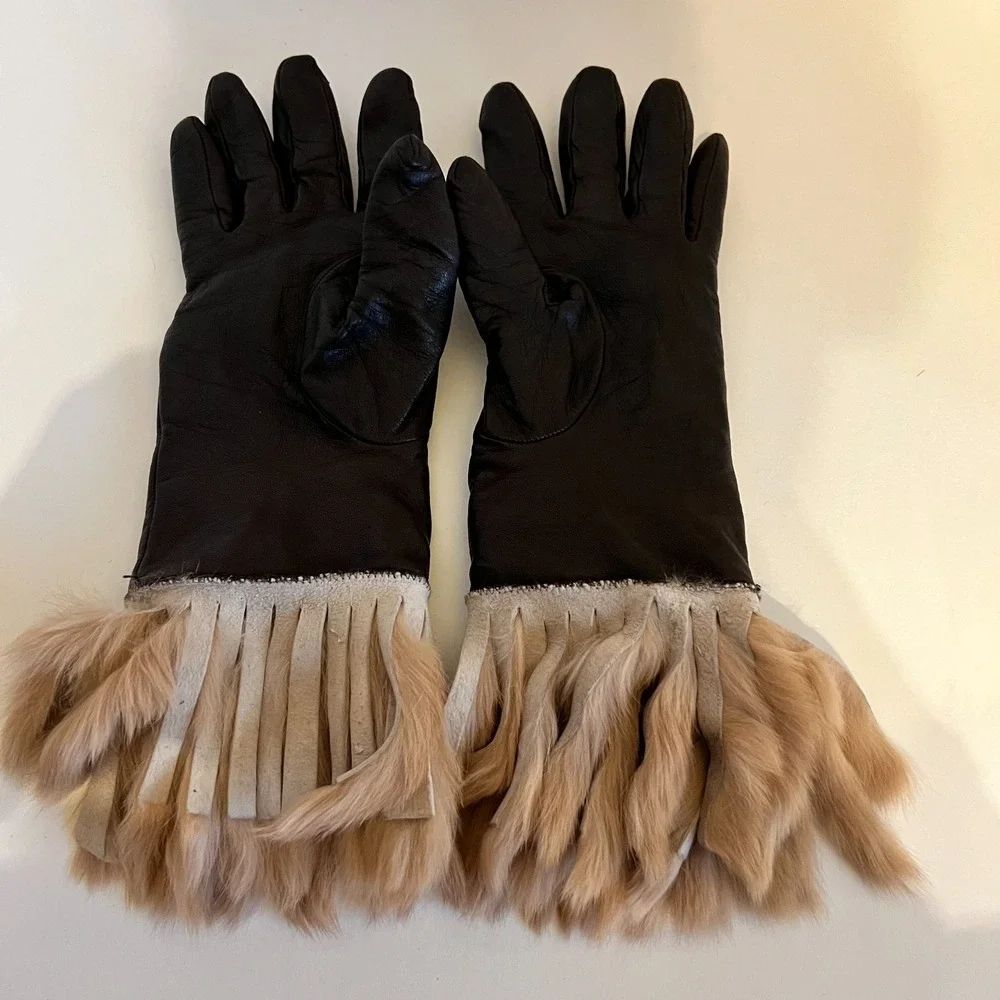Portolano Brown Italian Leather Gloves Fur Cuff Cashmere Lined Women's Size 6.5